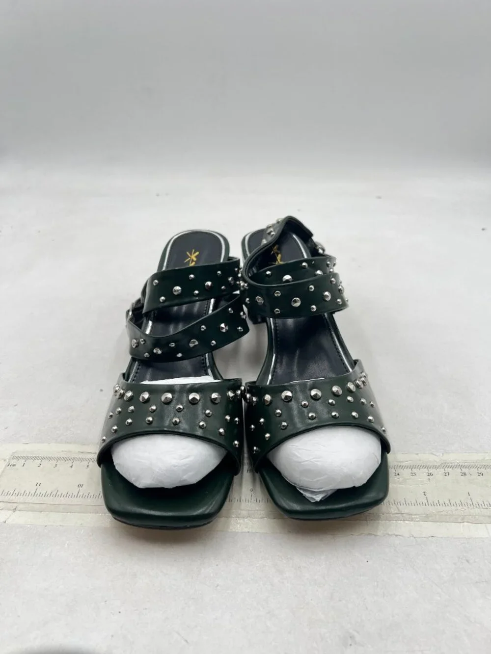 XYD Green Crossover Ankle Straps Block Mid Heel Sandals with Studs Open Toe Shoe
